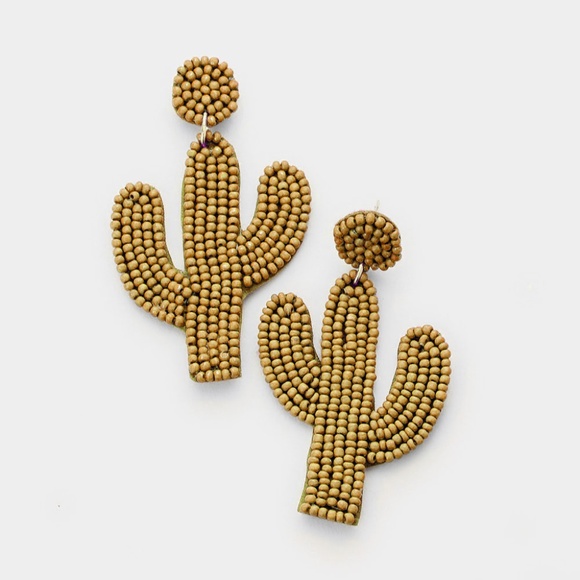 Beaded Cactus Drop Dangle Earrings - Picture 2 of 5